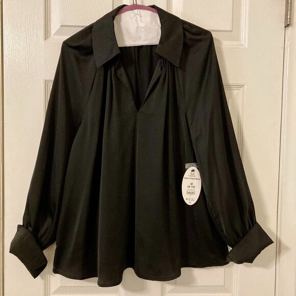 NWT, SZ M, BLACK Matte Satin V-Neck Popover Top w/ Turn Back Cuffs - Picture 1 of 4